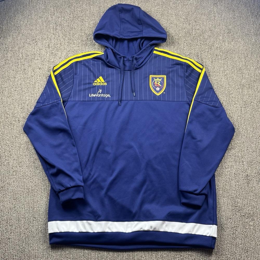 Adidas Mens 2XL REAL Salt Lake Pullover Travel Hoodie Sweatshirt Soccer Blue
